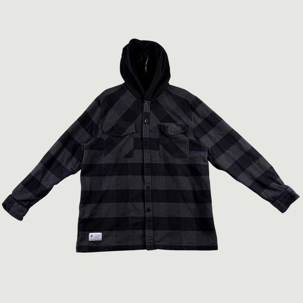 LRG Lifted Research Group Mens 2XL Hooded Flannel Shirt Plaid Black Skateboard